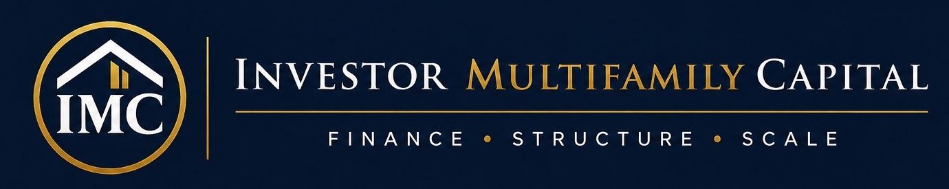Investor Multifamily Capital logo featuring "IMC" with house icon, emphasizing finance, structure, and scale for investment property loans.