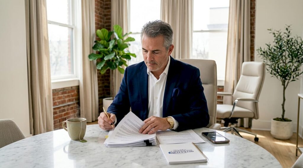 Investor reviewing mortgage documents at desk