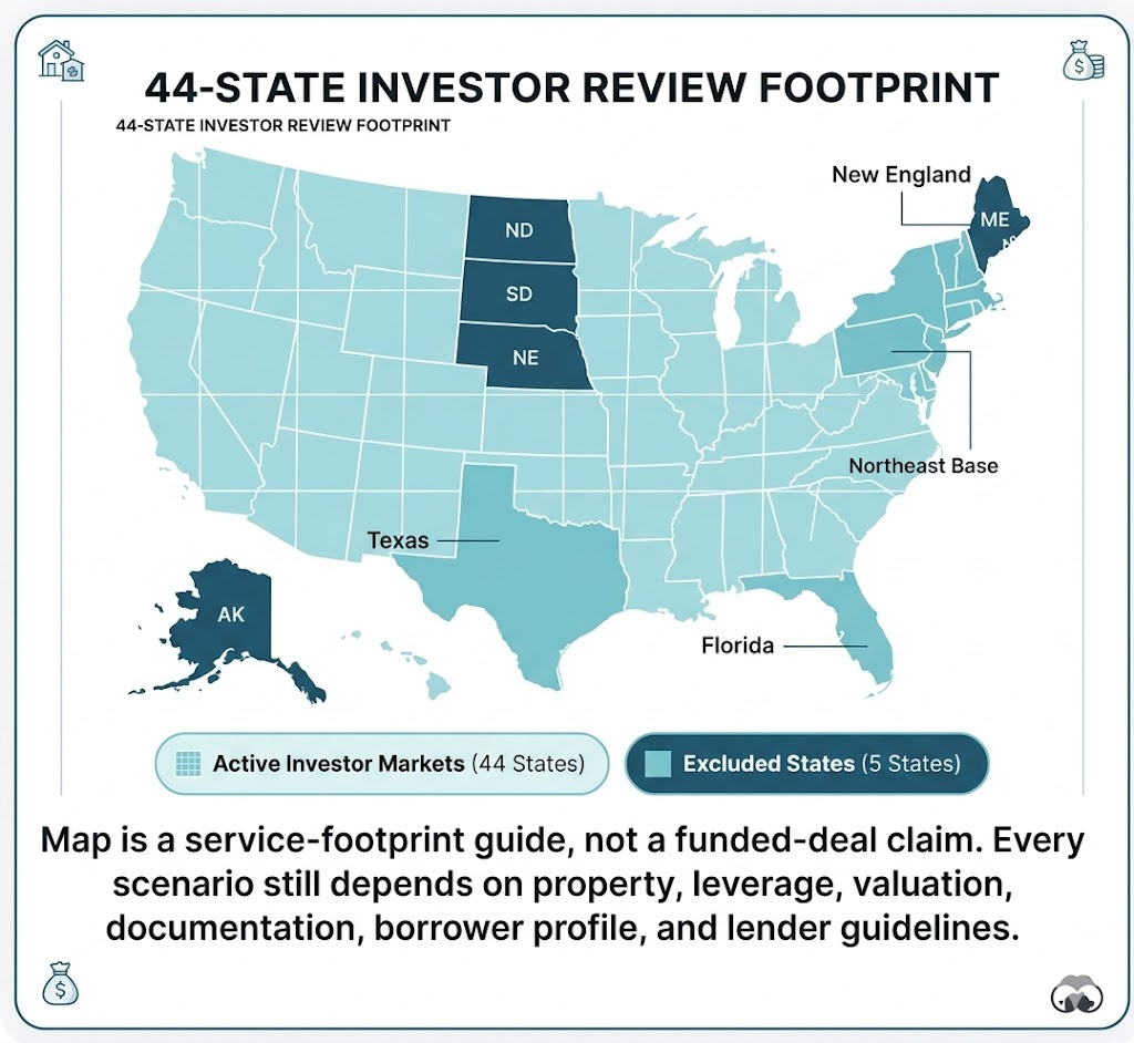 44-State Investor Review Footprint map showing active investor markets and excluded states
