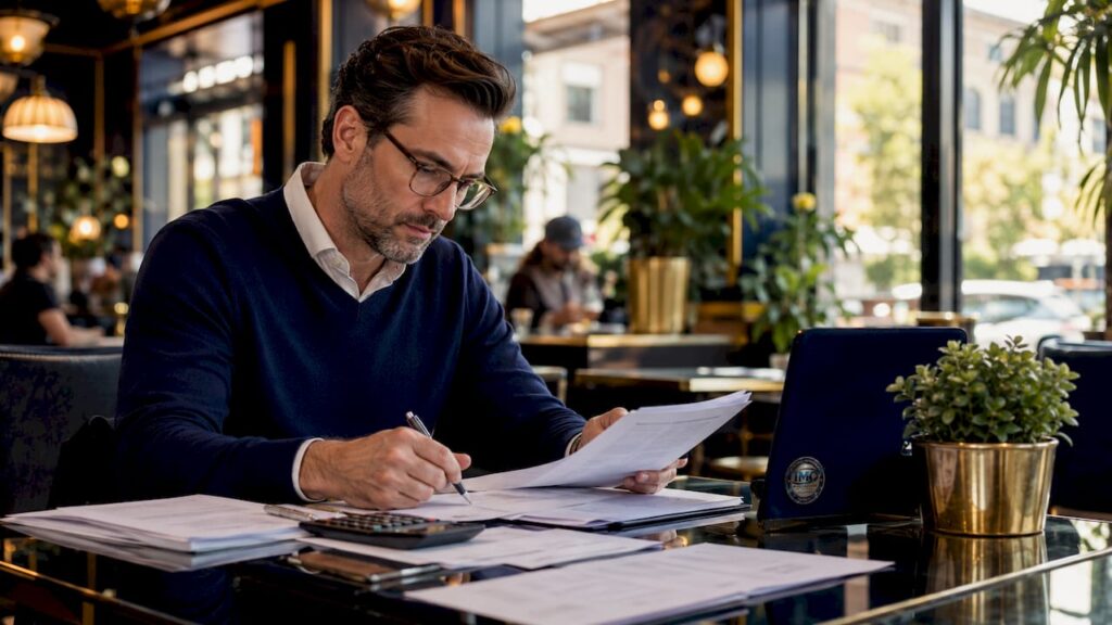 Investor examining loan documents at city apartment desk