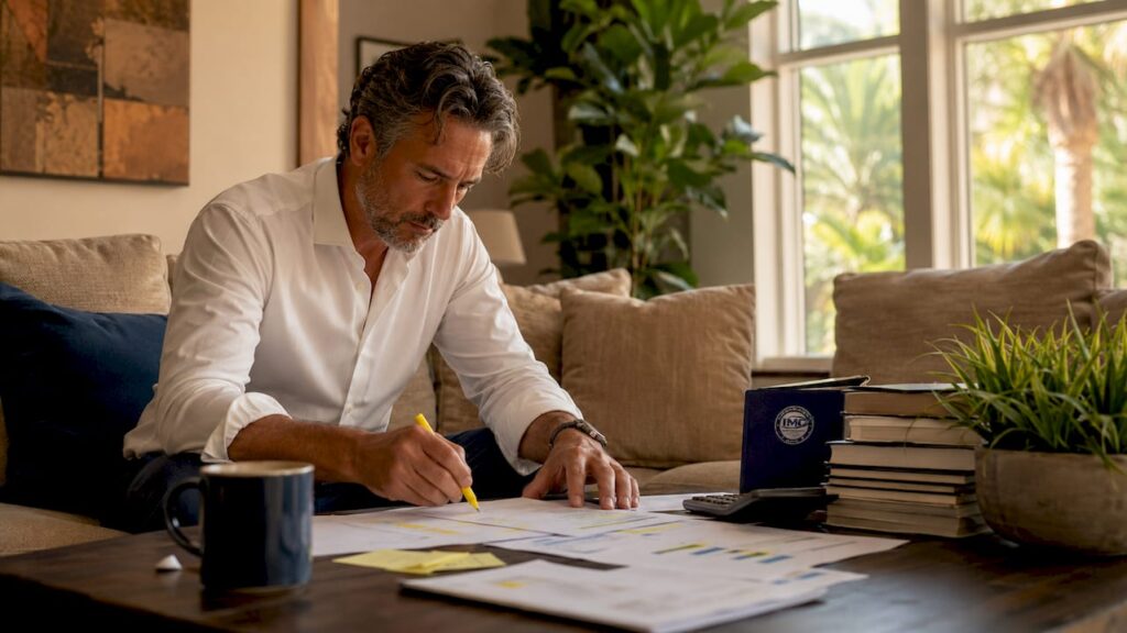 Investor reviewing rental cash flow paperwork