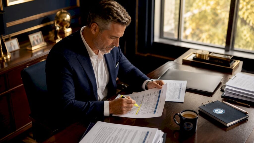Investor reviewing printed rent roll at desk