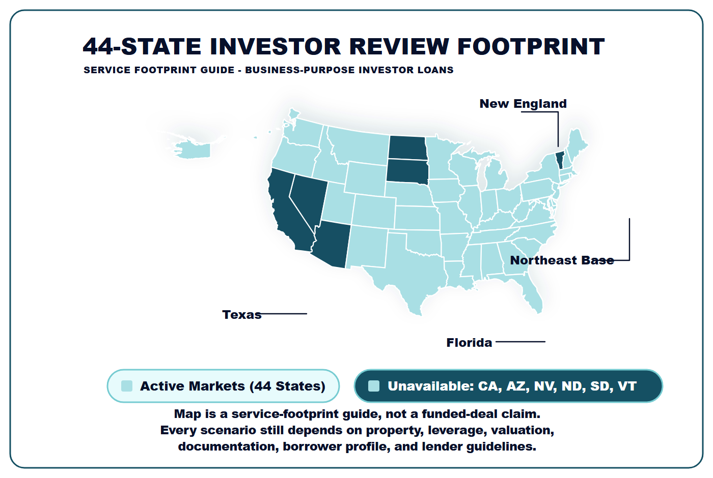 44-state investor review footprint map showing active states and unavailable states CA, AZ, NV, ND, SD, and VT